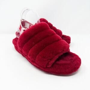 Ugg Red Shearling Fluff Yeah Slippers Women's Size 9 EUC Elastic Strap Sheepskin